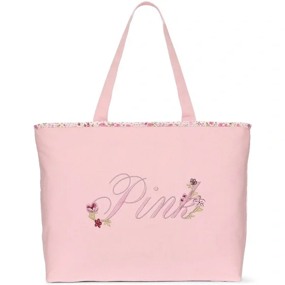 Victoria’s Secret PINK Pink Canvas Floral Embroidered Tote Bag Zip Top 1 Pocket - Picture 1 of 11